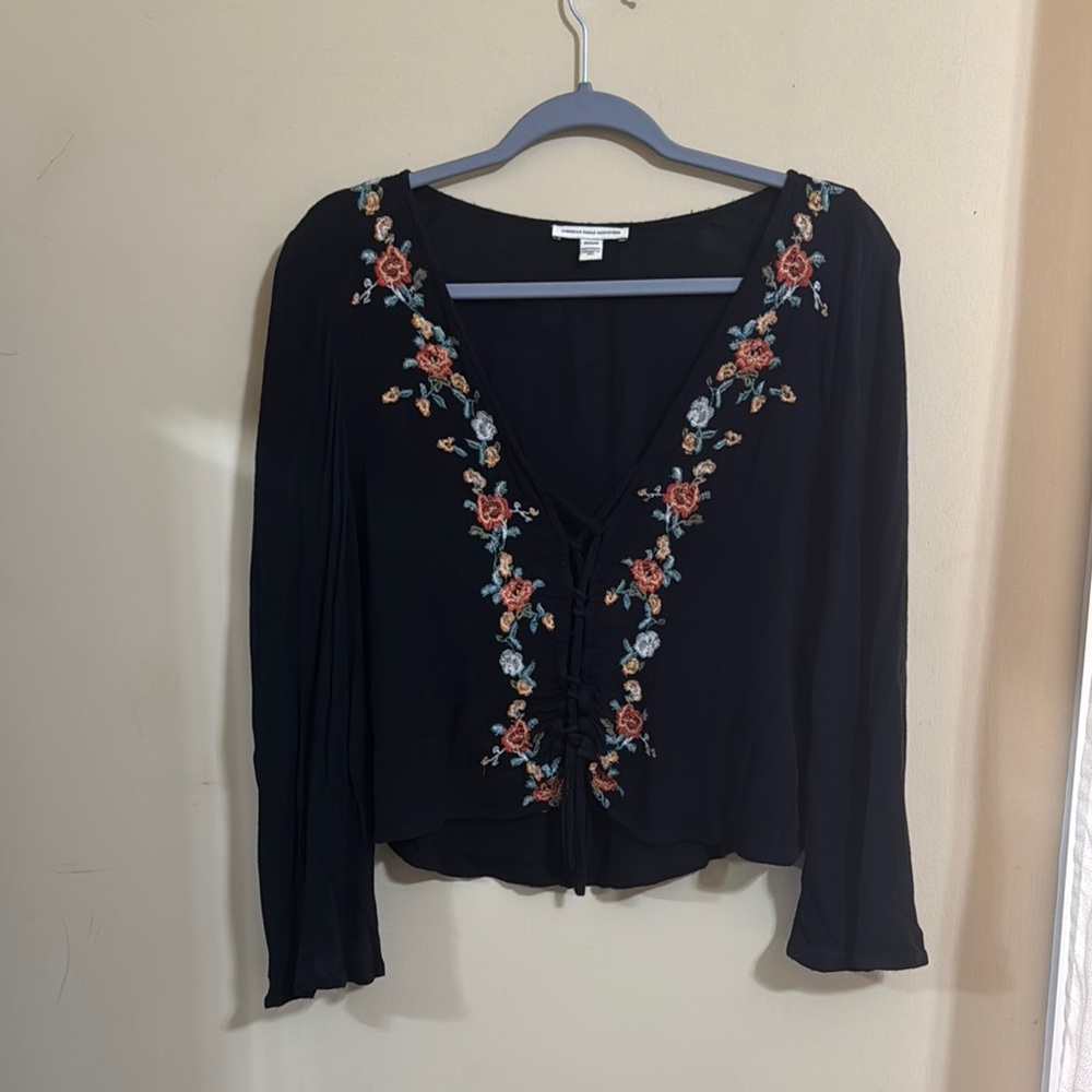 American Eagle Outfitters Black Embellished Tie Front Blouse